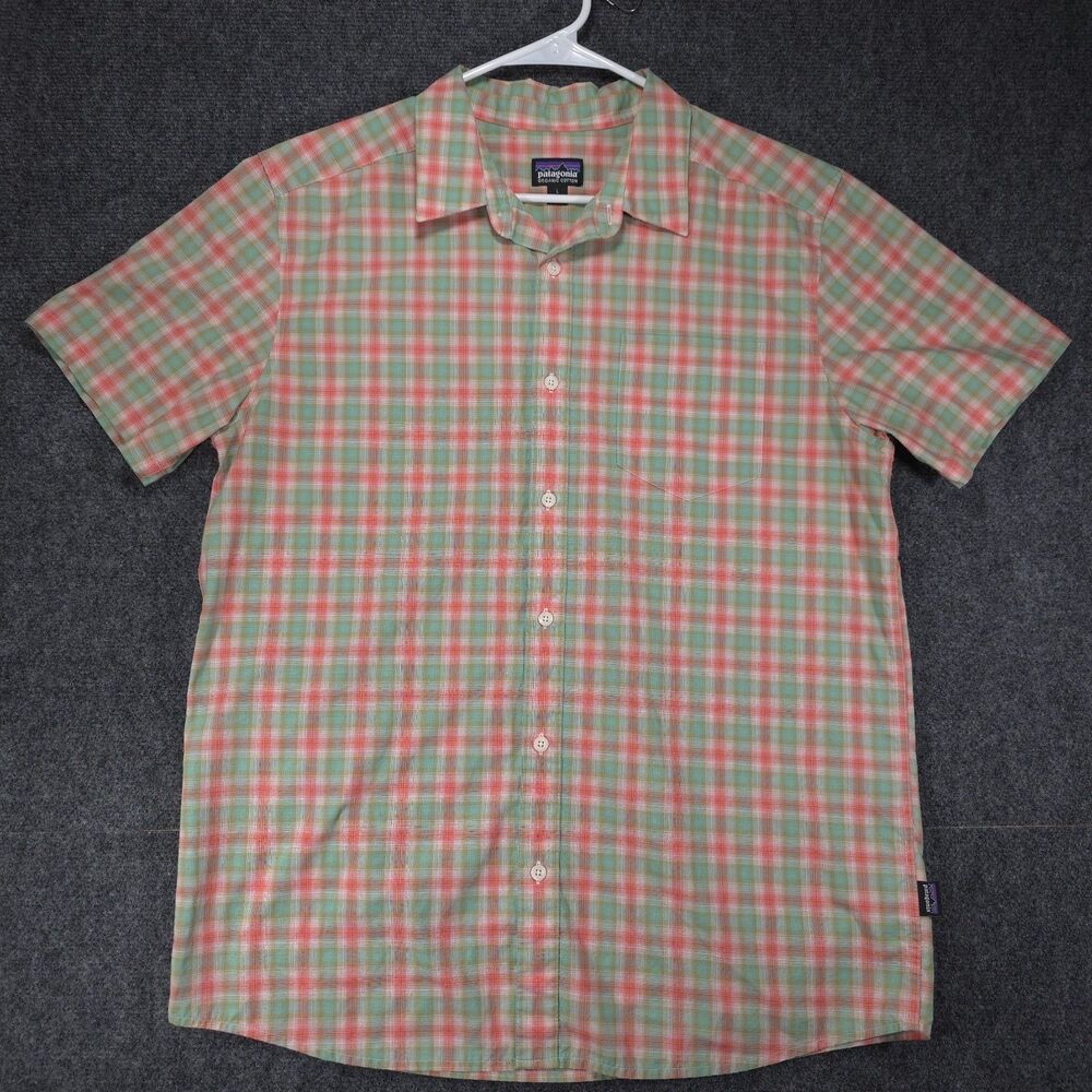 Patagonia Organic Cotton Shirt Mens L Coral Mint Plaid Camp Short Sleeve